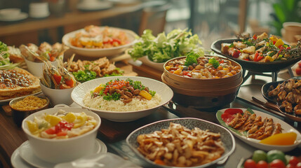Fototapeta premium A table filled with a variety many kind of dishes, The meal is served on a light wooden table in restaurant, A beautifully arranged table featuring diverse dishes.