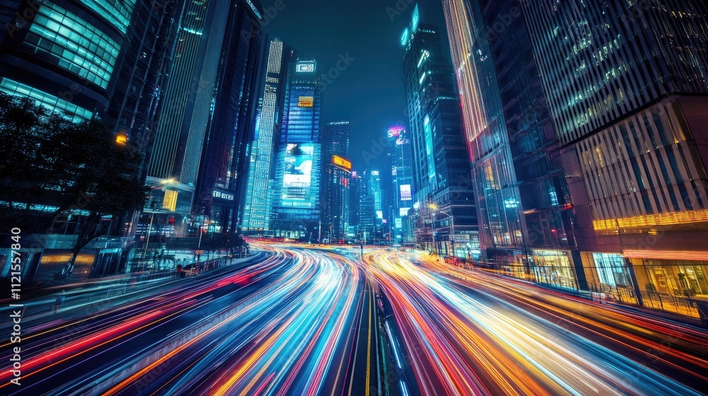 Poster a futuristic cityscape illuminated by streaks of light moving rapidly through the streets, creating 