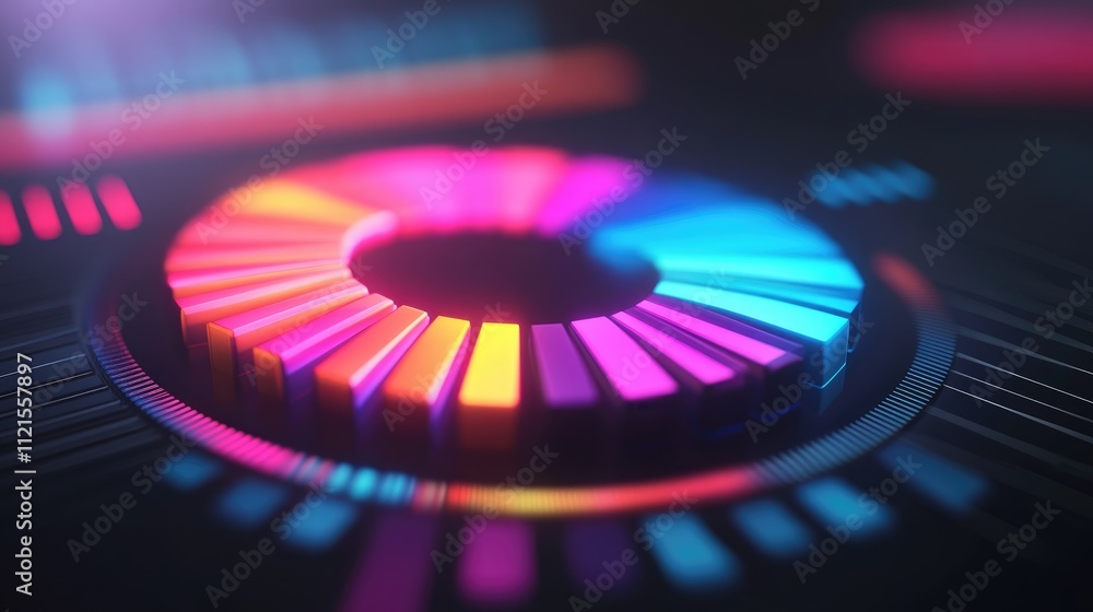 Poster a futuristic graphic of a circular data visualization chart, with glowing segments in vibrant colors