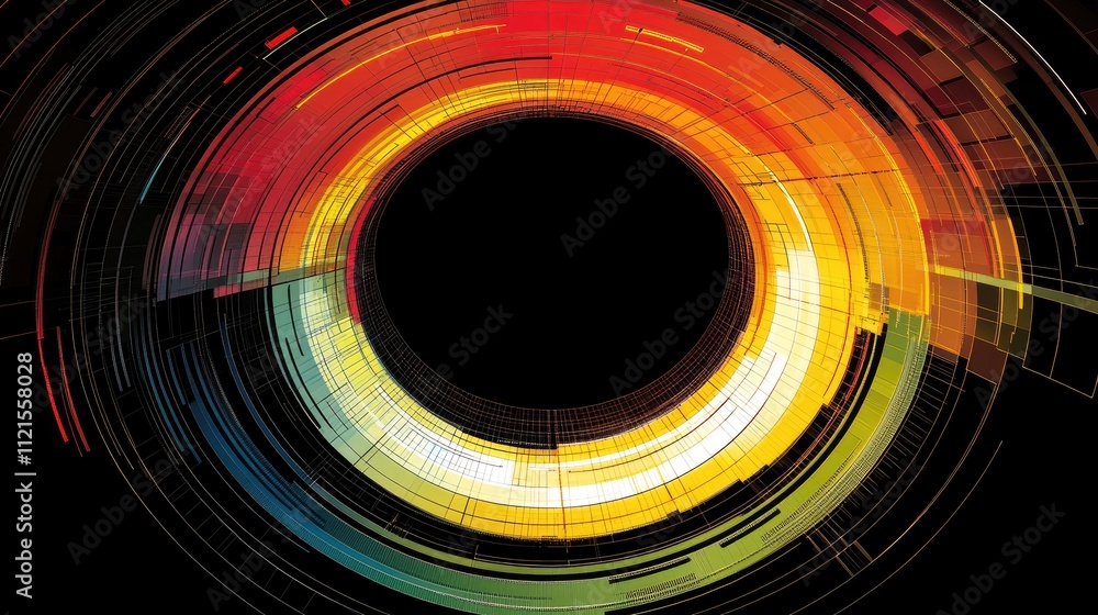 Poster a futuristic graphic of a circular data visualization chart, with glowing segments in vibrant colors