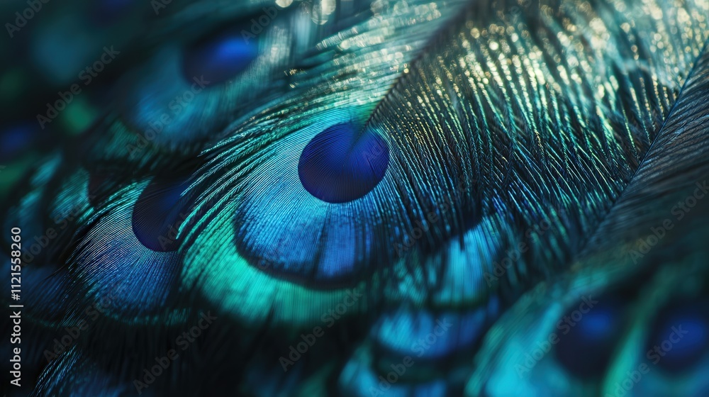 Poster close-up shot of peacock feathers, each one displaying the beautiful gradient of colors from deep bl