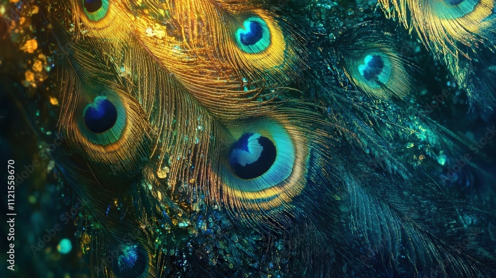 Poster capturing the vibrant colors of peacock feathers. the intricate patterns and shimmering colors of bl