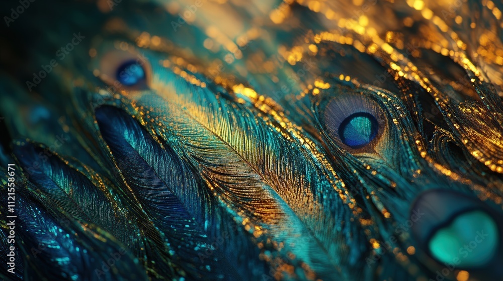 Poster capturing the vibrant colors of peacock feathers. the intricate patterns and shimmering colors of bl