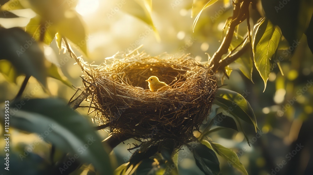 Poster a 4k image of a bird's nest built high up on a tree, with soft feathers and twigs creating a secure 