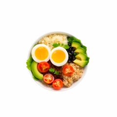 Healthy green vegetarian buddha bowl lunch with eggs, rice, tomato, avocado