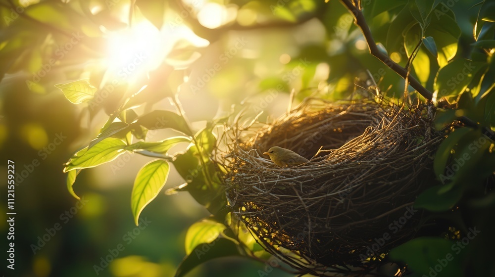 Poster a 4k image of a bird's nest nestled securely on a tree branch, with sunlight casting soft rays throu