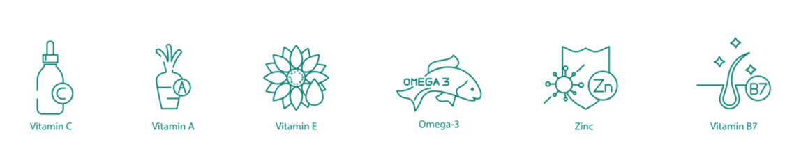 Health Boost Icon Set - Vitamin C, Vitamin A, Vitamin E, Omega-3, Zinc, and Vitamin B7 for Vitality