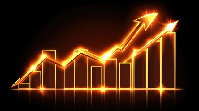 A glowing line graph showing an upward business trend on a dark background, with dynamic motion effects representing financial success