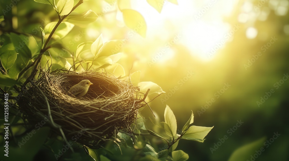 Poster a 4k image of a bird's nest nestled securely on a tree branch, with sunlight casting soft rays throu