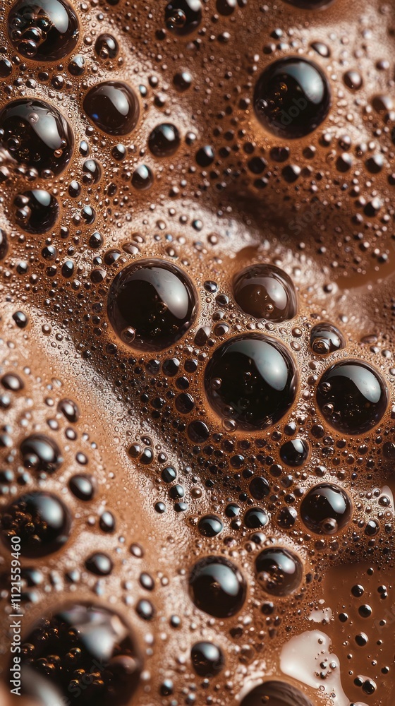 Poster close-up of vibrant mocha color with intricate bubbles, showcasing the depth and texture of this tre