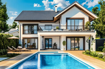 Fototapeta premium A modern two-story house with a pool and terrace, a grey roof, and a wooden floor in front of the entrance to an expensive, 