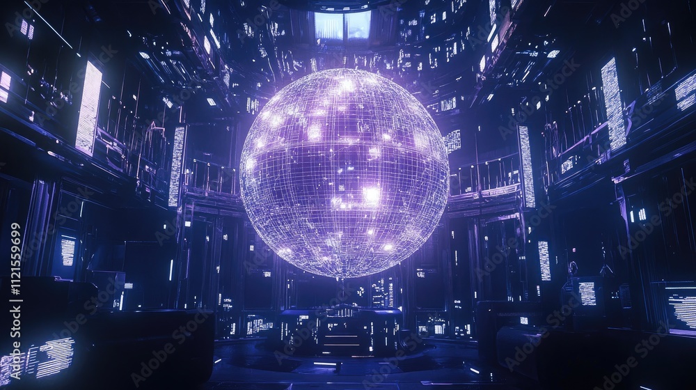 Poster a glowing wireframe globe surrounded by rotating data graphs and charts in a futuristic digital them