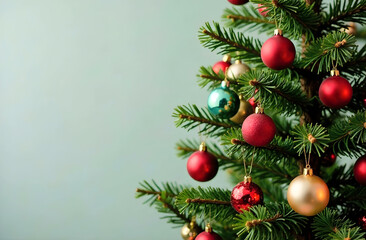 Obraz premium A beautifully decorated Christmas tree featuring red, gold, and green ornaments on lush green branches for traditional holiday aesthetics. Selective focus. Perfect for seasonal greeting cards