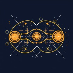 Abstract design featuring interconnected circles and lines, suggesting scientific or technological themes.