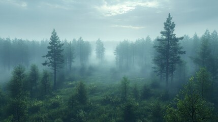 Misty Forest Landscape: A Serene Woodland Scene in a Foggy Day
