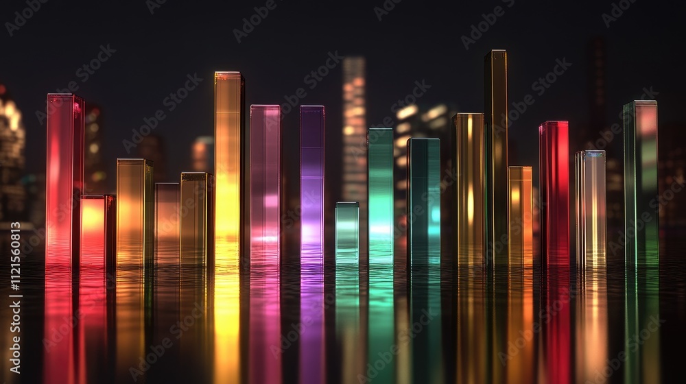 Poster a highly detailed 3d bar chart with bars in different metallic colors, glowing and rising from a ref