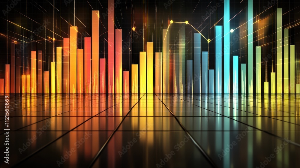 Poster a highly detailed 3d bar chart with bars in different metallic colors, glowing and rising from a ref