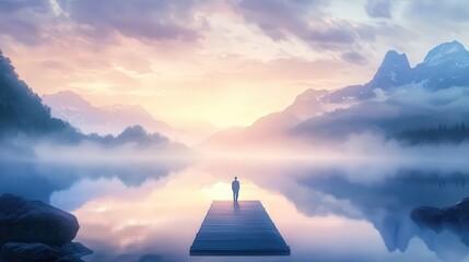A 4K image of a man standing at the end of a bridge, gazing across a vast lake