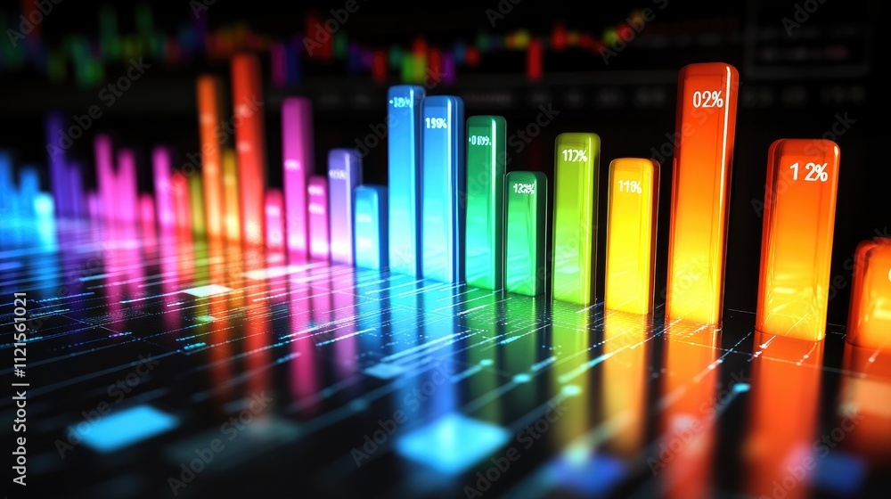 Poster a highly detailed 3d bar chart with bars in different metallic colors, glowing and rising from a ref