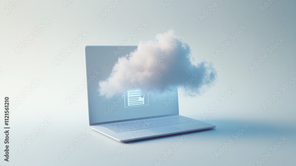 Poster cloud computing concept laptop with cloud icon and file transfer.