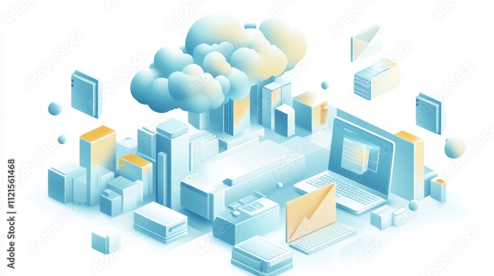 Poster cloud computing isometric illustration showing data storage, files, and devices connected to the clo