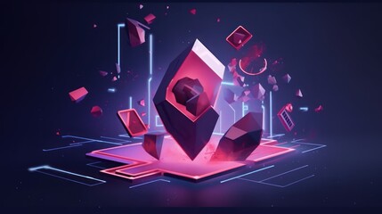 Abstract digital artwork featuring crystalline structures and glowing elements.