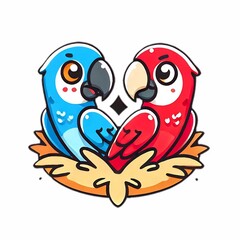 Obraz premium Illustration Two parrots with striking feather colors, blue and red, are perched affectionately in a heart-shaped nest.
