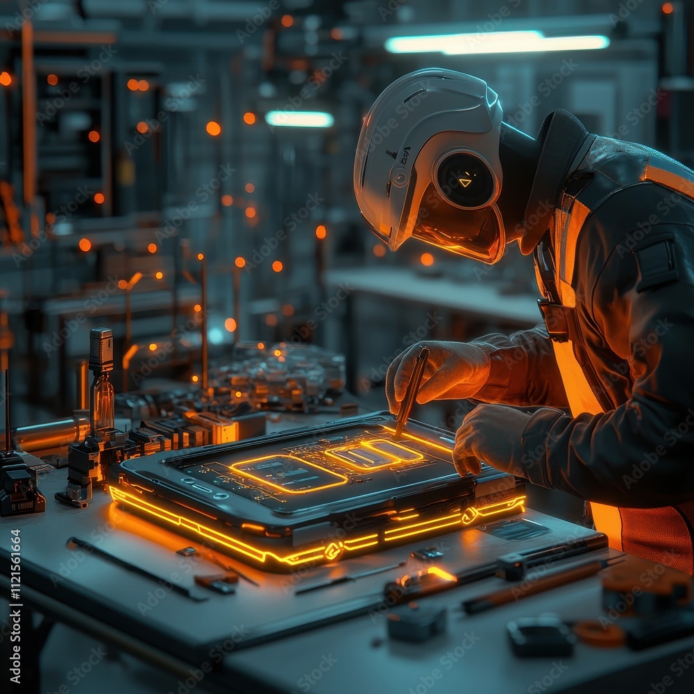 Poster a futuristic technician works on a glowing circuit board in a high-tech lab, surrounded by intricate
