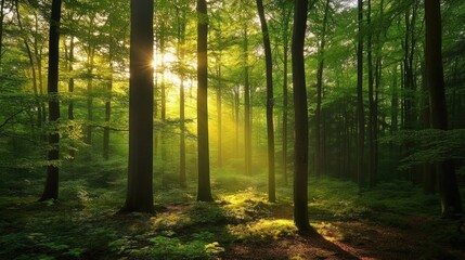 Naklejka premium Sunlit forest path, green canopy, mossy ground.