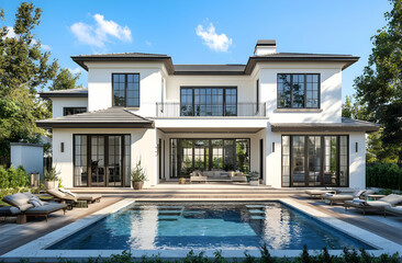 Fototapeta premium A modern two-story house with a pool and terrace, a grey roof, and a wooden floor in front of the entrance to an expensive, 