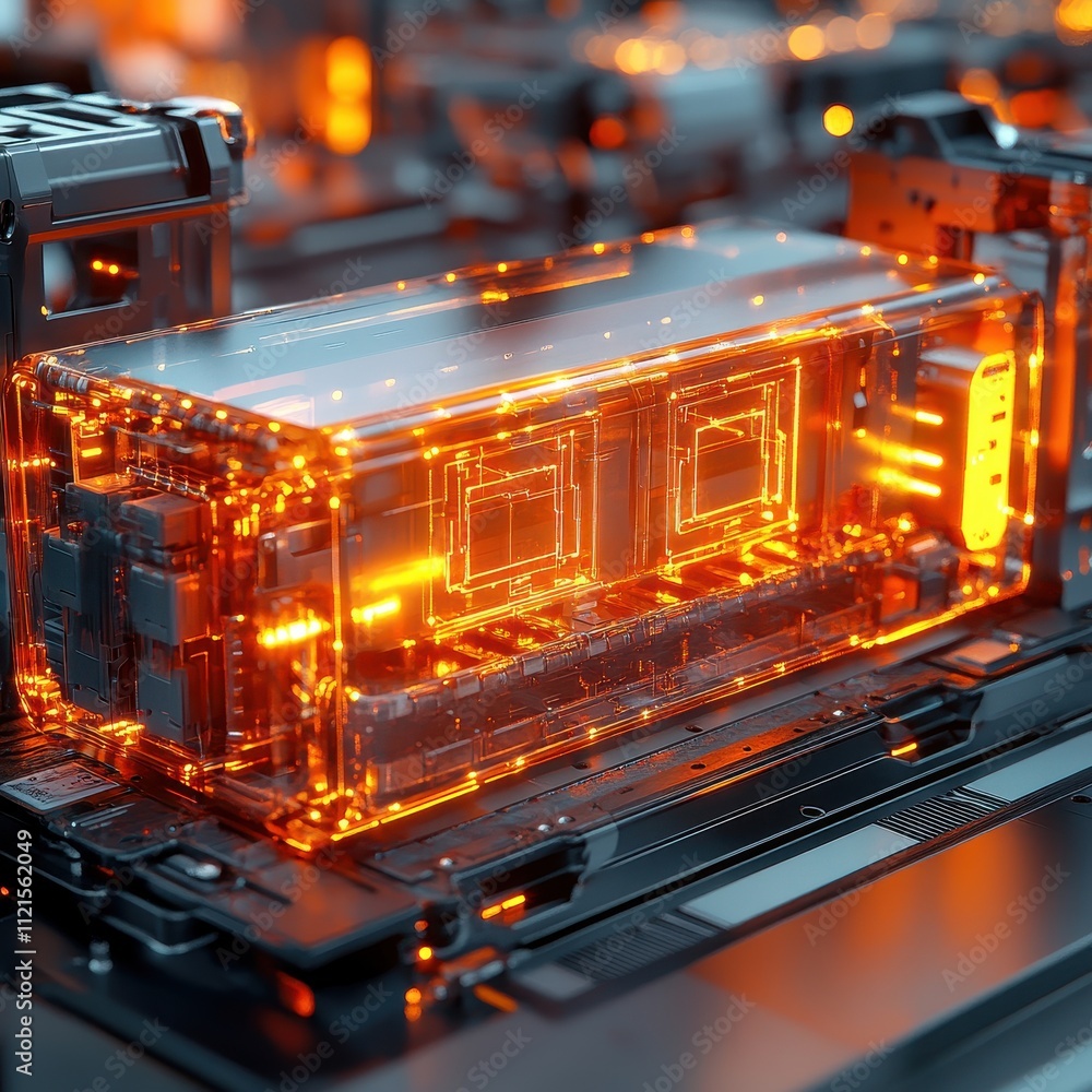 Poster a glowing, transparent device with intricate circuitry, showcasing a futuristic design illuminated b