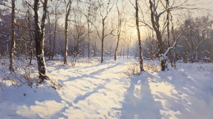 Snowy forest path, winter sunlight, trees.