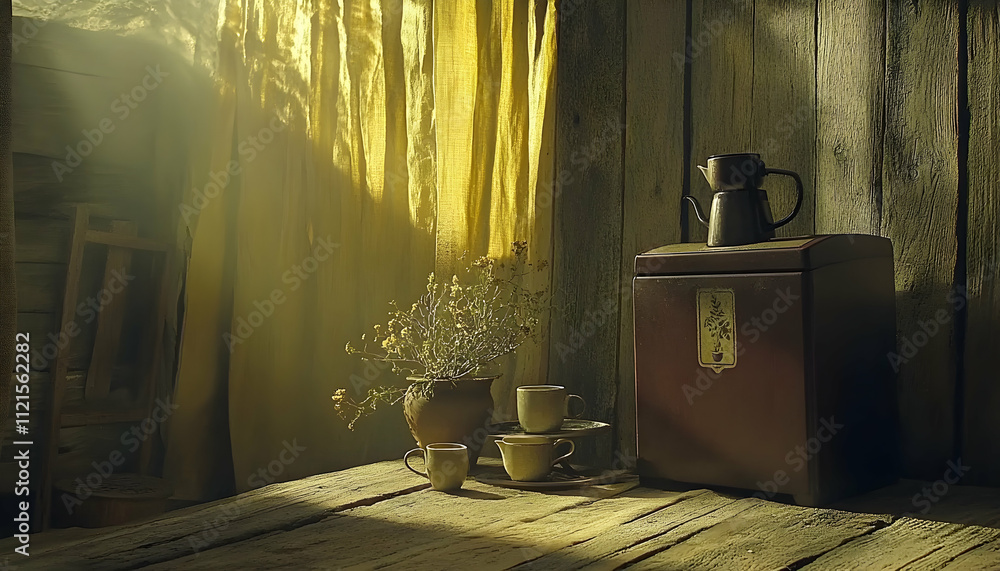 Aufkleber serene morning light streams through a rustic window, illuminating a simple table setting with teacu