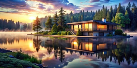 Fototapeta premium Misty Dawn Lake House Reflection - Serene Modern Architecture Aerial Photography