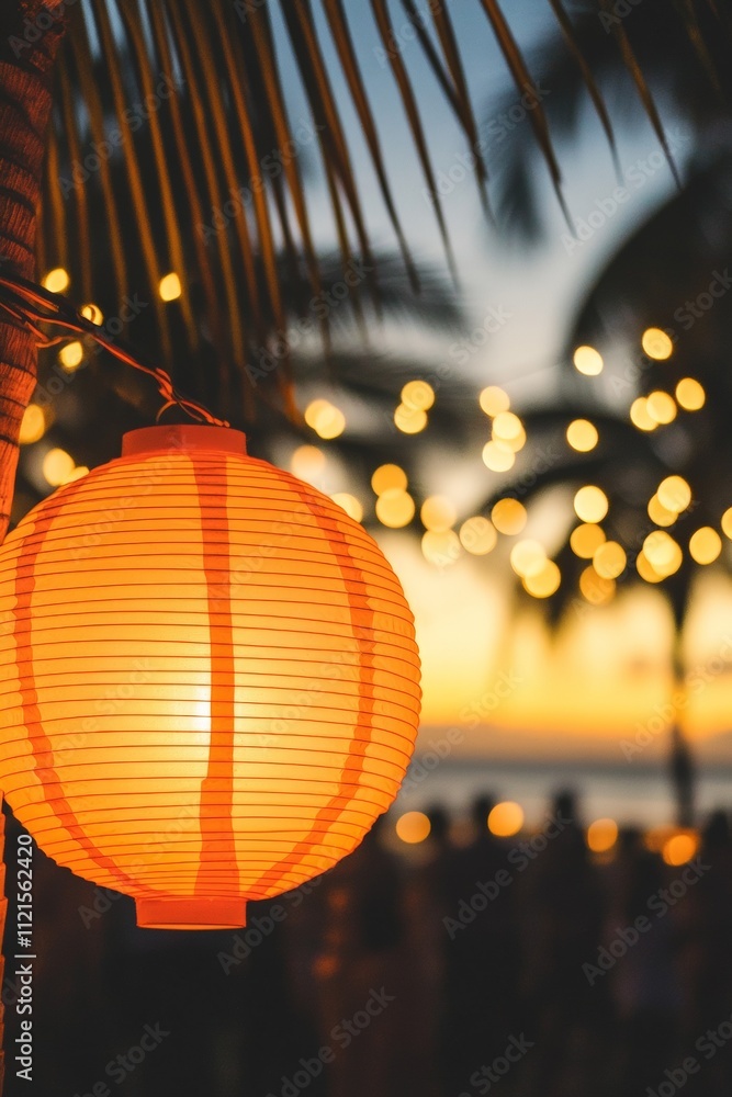 Aufkleber warm glow of a lantern at sunset: tropical decor with string lights and palm trees for relaxing even