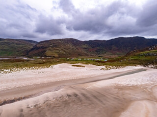 Aerial view of the beach and caves at Maghera Beach near Ardara, County Donegal - Ireland.