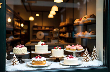 Holiday-themed cakes and cupcakes in a bakery display surrounded by cozy lighting, perfect for promotional food campaigns and lifestyle visuals. Selective focus