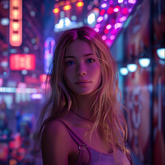 Futuristic Cityscape at Night: Neon Lights and Urban Ambience Featuring a Young Woman in a Vibrant Street Setting