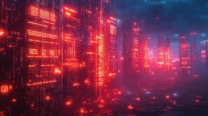 Obraz premium A cityscape with buildings lit up in red