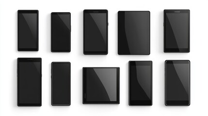 Collection of black smartphones and tablets with blank screens isolated on white background.