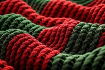 A close-up of textured fabric featuring alternating red and green stripes, creating a visually striking pattern reminiscent of festive designs.
