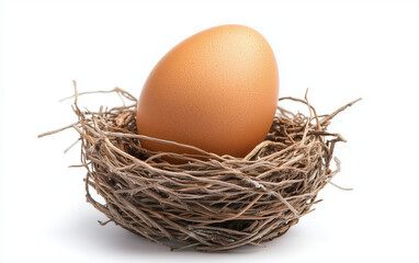 Brown egg in straw nest.