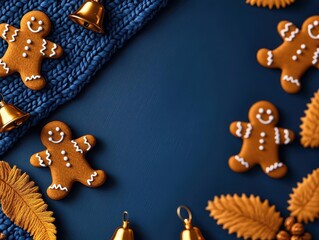 Festive gingerbread cookies and golden ornaments arranged on a blue background, evoking a cheerful holiday spirit.