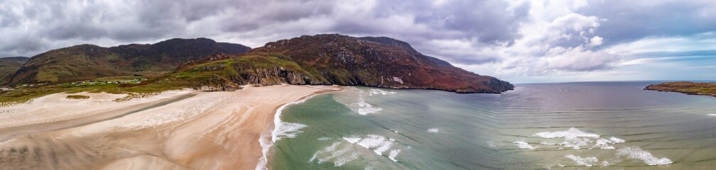 Aerial view of the beach and caves at Maghera Beach near Ardara, County Donegal - Ireland.