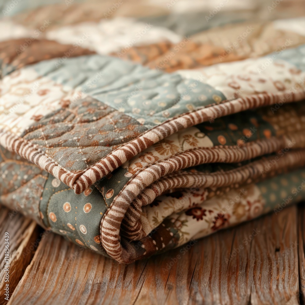 Poster a beautifully folded patchwork quilt showcasing intricate patterns and textures, resting on a rustic