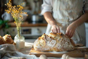 Woman preparing sourdough bread using a family recipe in a bright kitchen
