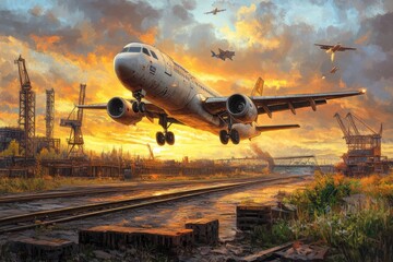 Aircraft taking off in industrial area at sunset air travel photography urban landscape perspective