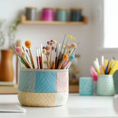 A vibrant arrangement of art supplies in decorative containers, showcasing colorful brushes, pencils, and decorative elements on a bright workspace.