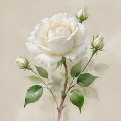 Obraz premium White Rose. Watercolor painting of a delicate white rose on a soft beige background. Elegant and timeless floral artwork, perfect for adding a touch of natural beauty.