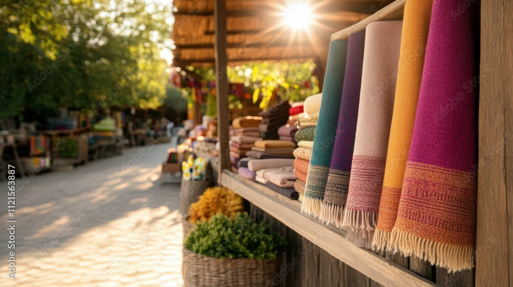 Poster a vibrant marketplace features colorful textiles displayed under warm sunlight, creating an inviting